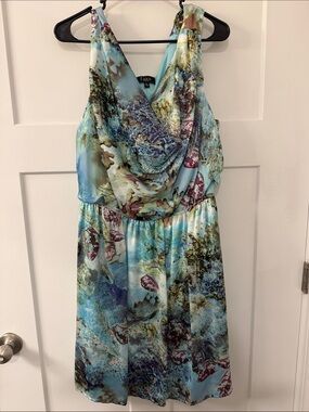 Light Aqua Floral-Print Cowl Neck Midi Dress